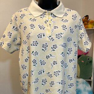Vintage Y2K Basic Editions Yellow Floral Knit Polo Shirt Short Sleeve Womenโs Sm